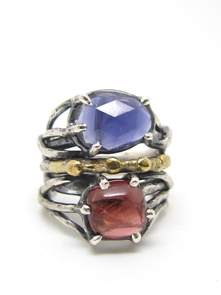 Iolite and Garnet Dressed in Gold Ring